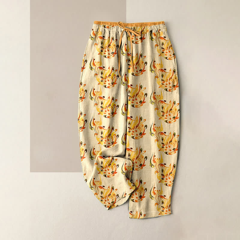 Nimara Ritual Pure Cotton Sunny Abstract Floral Pattern Women's Elastic Waist Pants With Pockets