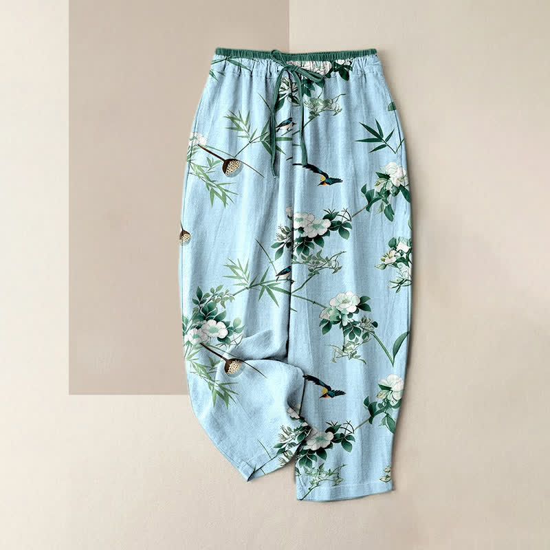 Nimara Ritual Pure Cotton Watercolor Bamboo Flower Bird Pattern Women's Elastic Waist Pants With Pockets