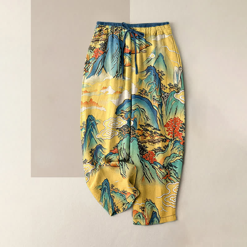 Nimara Ritual Pure Cotton Oriental Mountain Mist Pattern Women's Elastic Waist Pants With Pockets