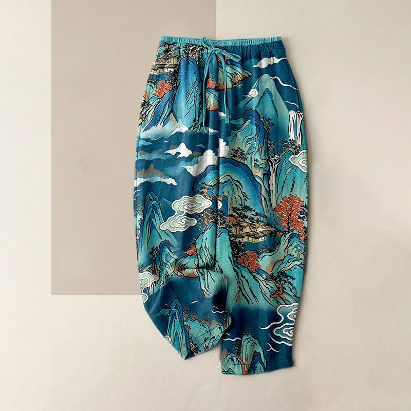 Nimara Ritual Pure Cotton Oriental Mountain Mist Pattern Women's Elastic Waist Pants With Pockets