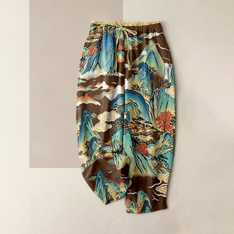 Nimara Ritual Pure Cotton Oriental Mountain Mist Pattern Women's Elastic Waist Pants With Pockets