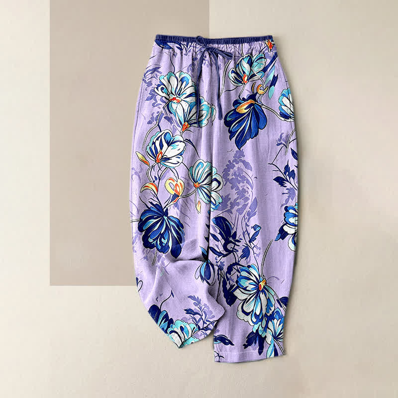 Nimara Ritual Pure Cotton Indigo Botanical Bloom Pattern Women's Elastic Waist Pants With Pockets