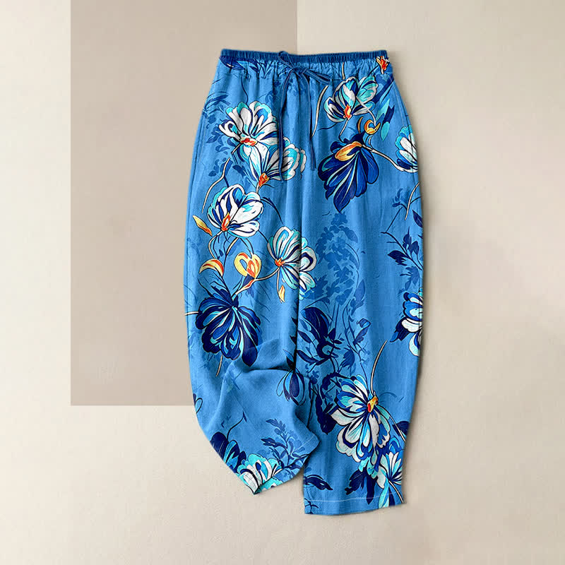 Nimara Ritual Pure Cotton Indigo Botanical Bloom Pattern Women's Elastic Waist Pants With Pockets