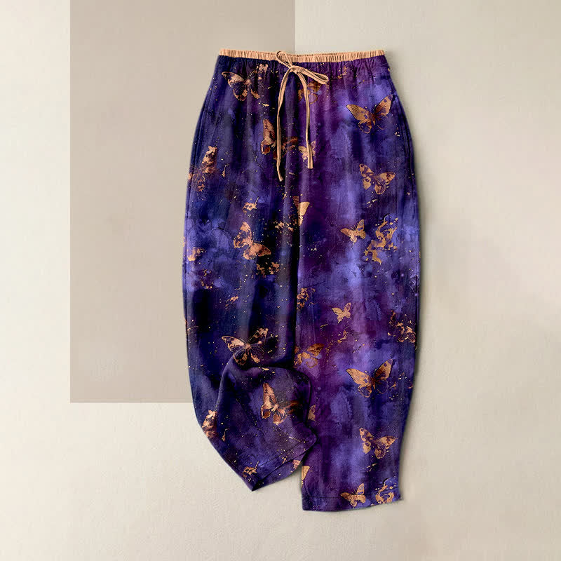 Nimara Ritual Pure Cotton Golden Butterfly Nebula Pattern Women's Elastic Waist Harem Pants