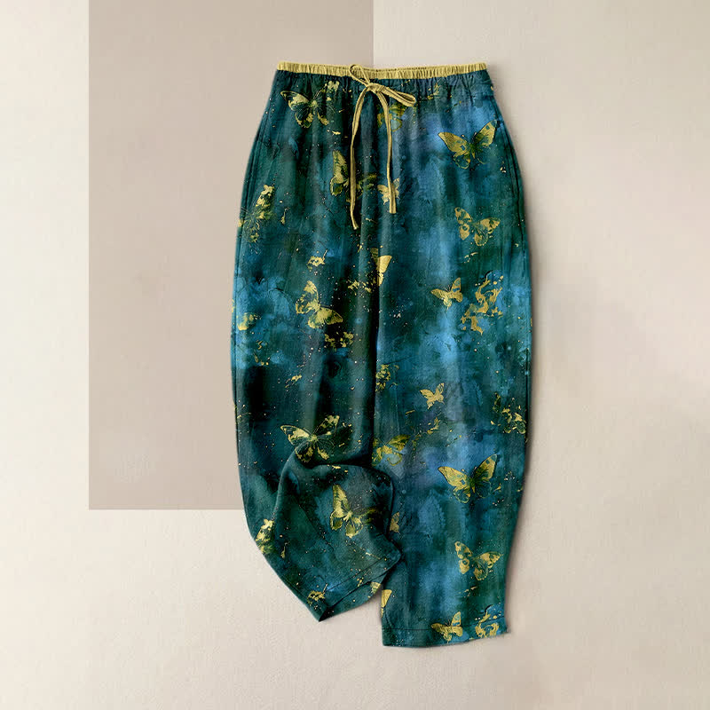 Nimara Ritual Pure Cotton Golden Butterfly Nebula Pattern Women's Elastic Waist Harem Pants