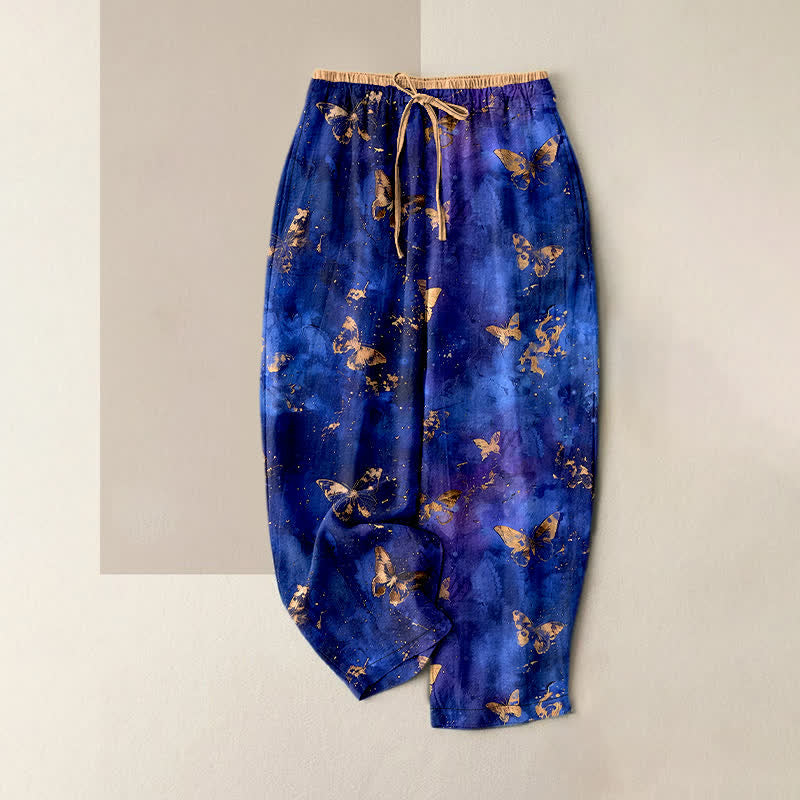 Nimara Ritual Pure Cotton Golden Butterfly Nebula Pattern Women's Elastic Waist Harem Pants