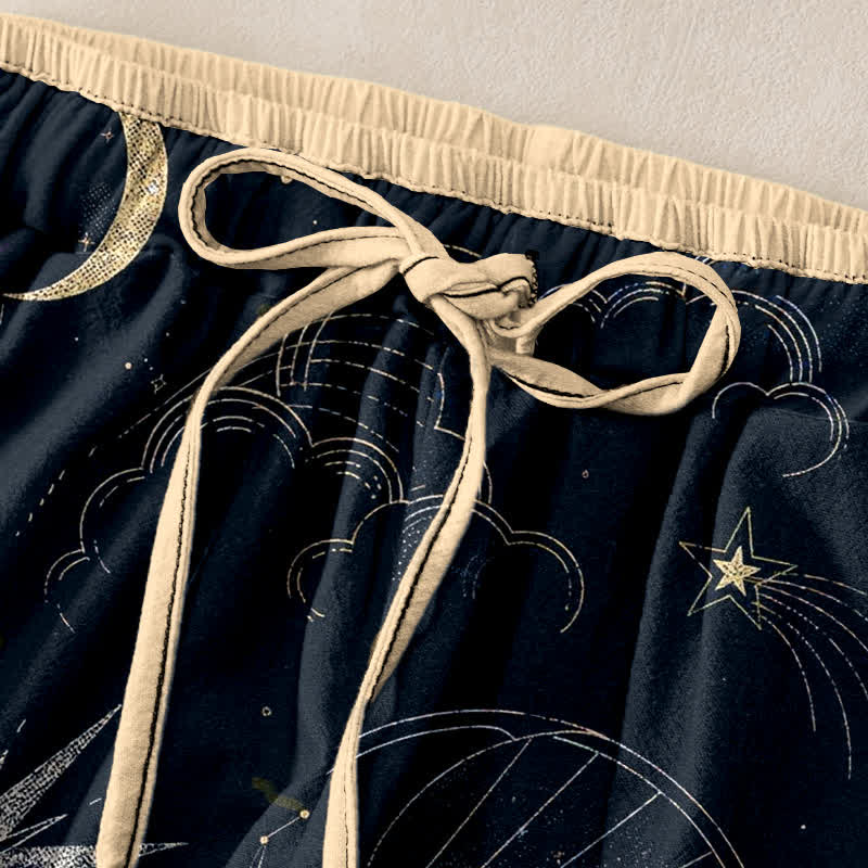 Nimara Ritual Pure Cotton Celestial Sun Moon Stars Pattern Women's Elastic Waist Pants With Pockets