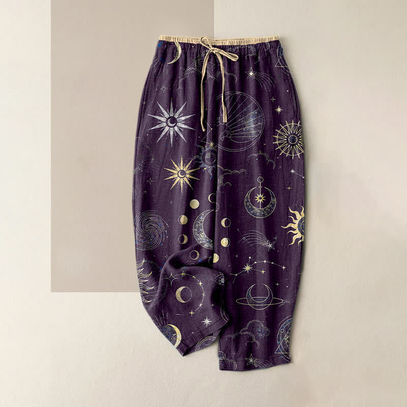 Nimara Ritual Pure Cotton Celestial Sun Moon Stars Pattern Women's Elastic Waist Pants With Pockets
