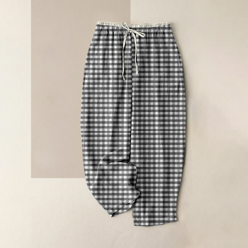 Nimara Ritual Cotton Classic Gingham Pattern Women's Elastic Waist Pants With Pockets