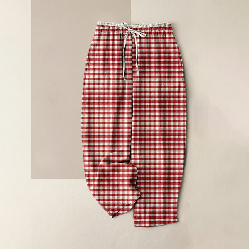 Nimara Ritual Cotton Classic Gingham Pattern Women's Elastic Waist Pants With Pockets