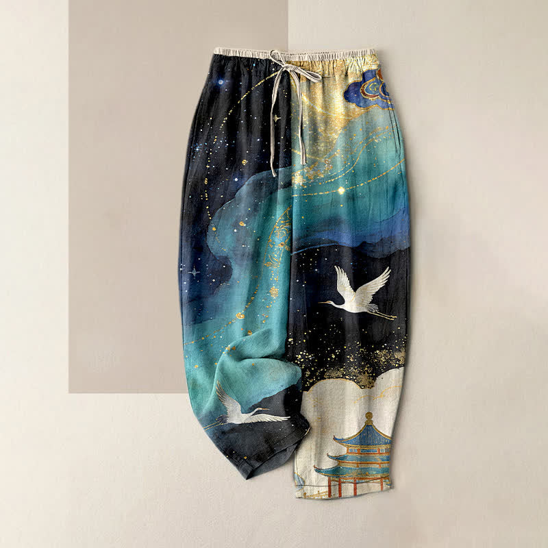 Nimara Ritual Pure Cotton Oriental Crane Watercolor Pattern Women's Elastic Waist Pants With Pockets