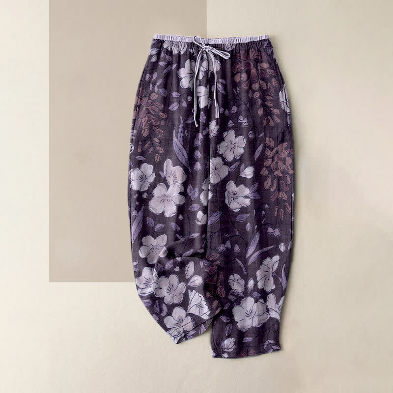 Nimara Ritual Pure Cotton Floral Pattern Women's Elastic Waist Pants With Pockets