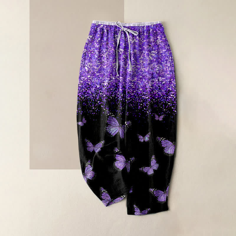 Nimara Ritual Pure Cotton Gradient Butterfly Pattern Women's Elastic Waist Pants With Pockets