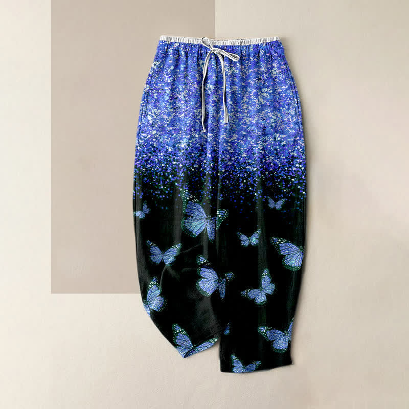 Nimara Ritual Pure Cotton Gradient Butterfly Pattern Women's Elastic Waist Pants With Pockets