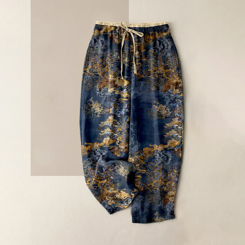 Nimara Ritual Pure Cotton Golden Cloud Oriental Pattern Women's Elastic Waist Pants With Pockets