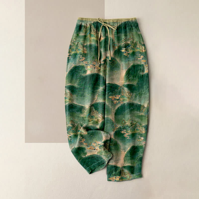 Nimara Ritual Pure Cotton Mountain Pattern Women's Elastic Waist Pants With Pockets