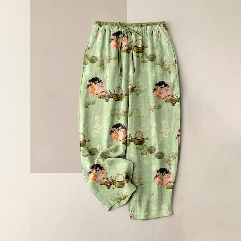 Nimara Ritual Pure Cotton Oriental Floral Basket Pattern Women's Elastic Waist Pants With Pockets