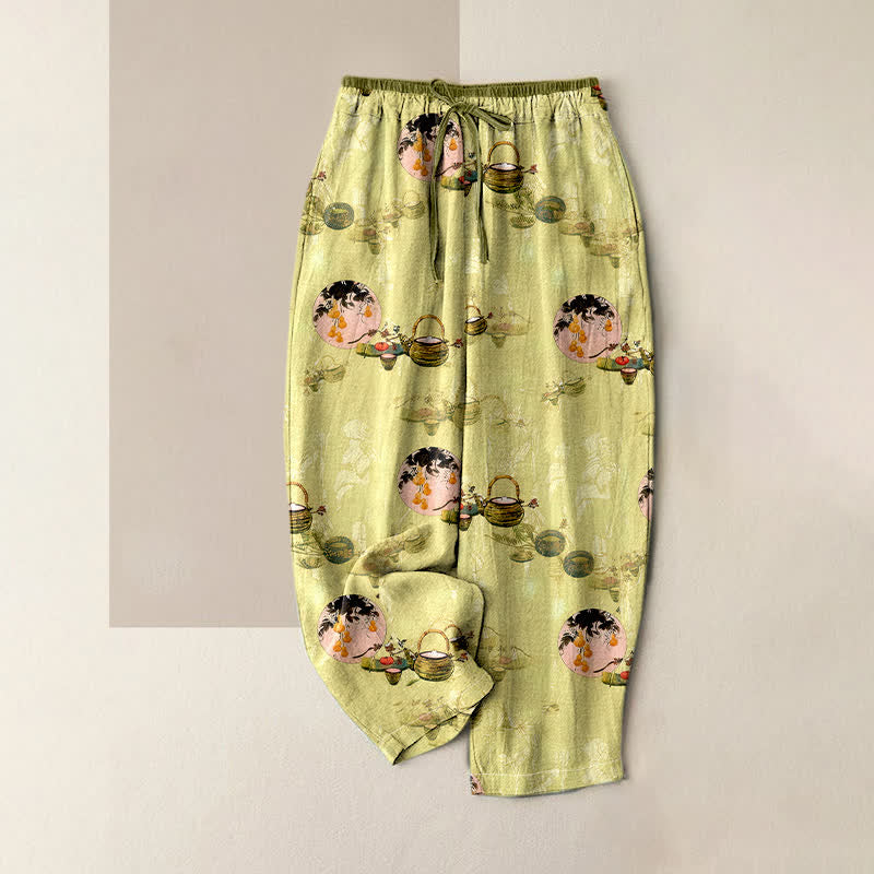 Nimara Ritual Pure Cotton Oriental Floral Basket Pattern Women's Elastic Waist Pants With Pockets