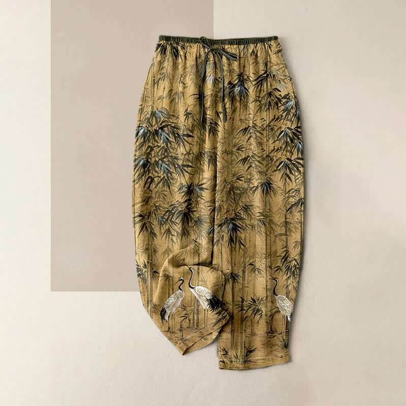 Nimara Ritual Pure Cotton Oriental Bamboo Crane Pattern Women's Elastic Waist Pants With Pockets