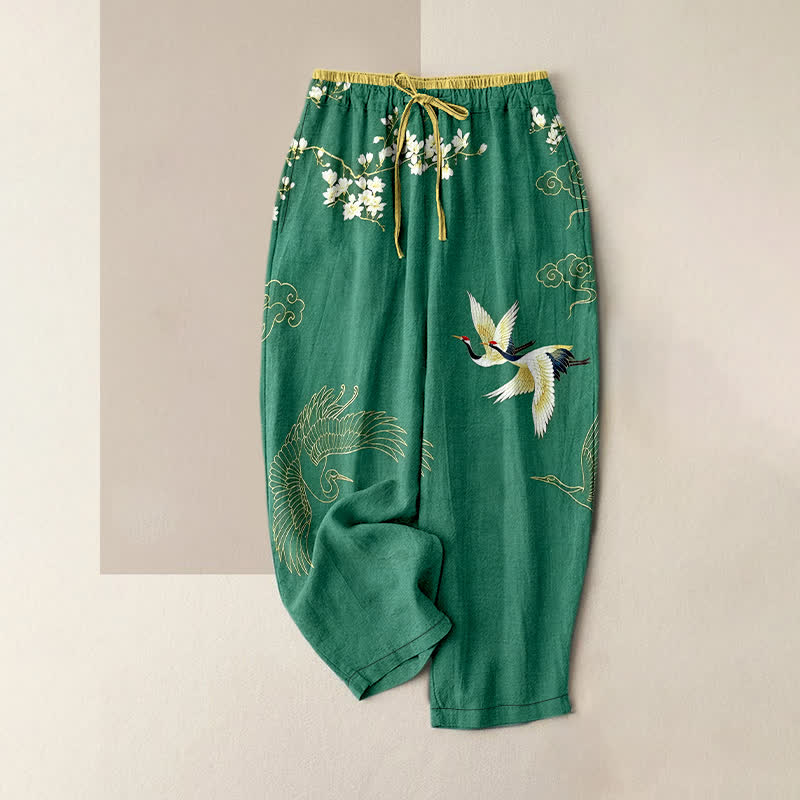 Nimara Ritual Pure Cotton Flying Crane Floral Pattern Women's Elastic Waist Pants With Pockets