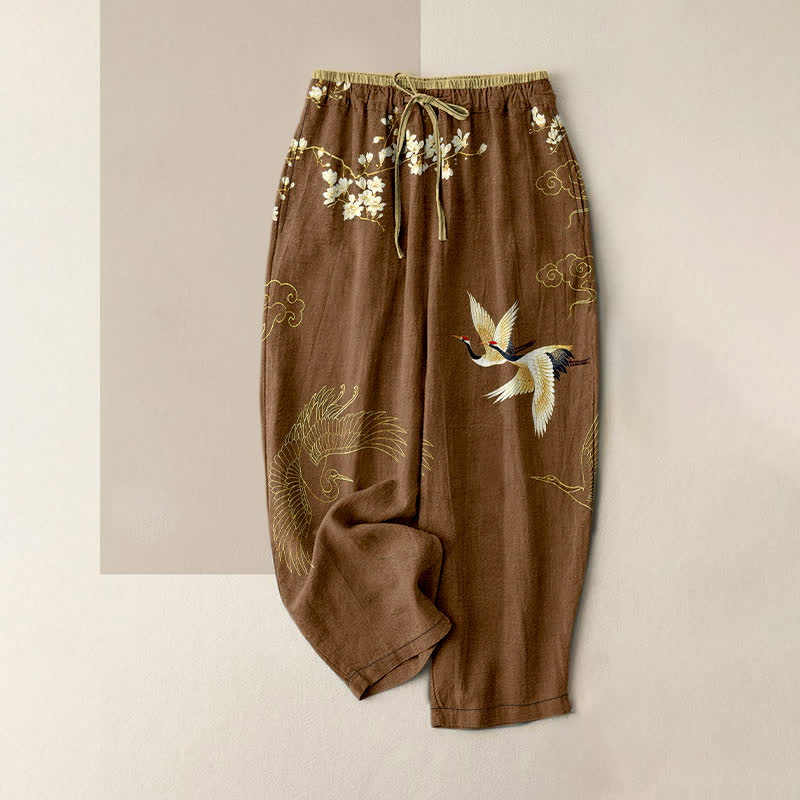 Nimara Ritual Pure Cotton Flying Crane Floral Pattern Women's Elastic Waist Pants With Pockets