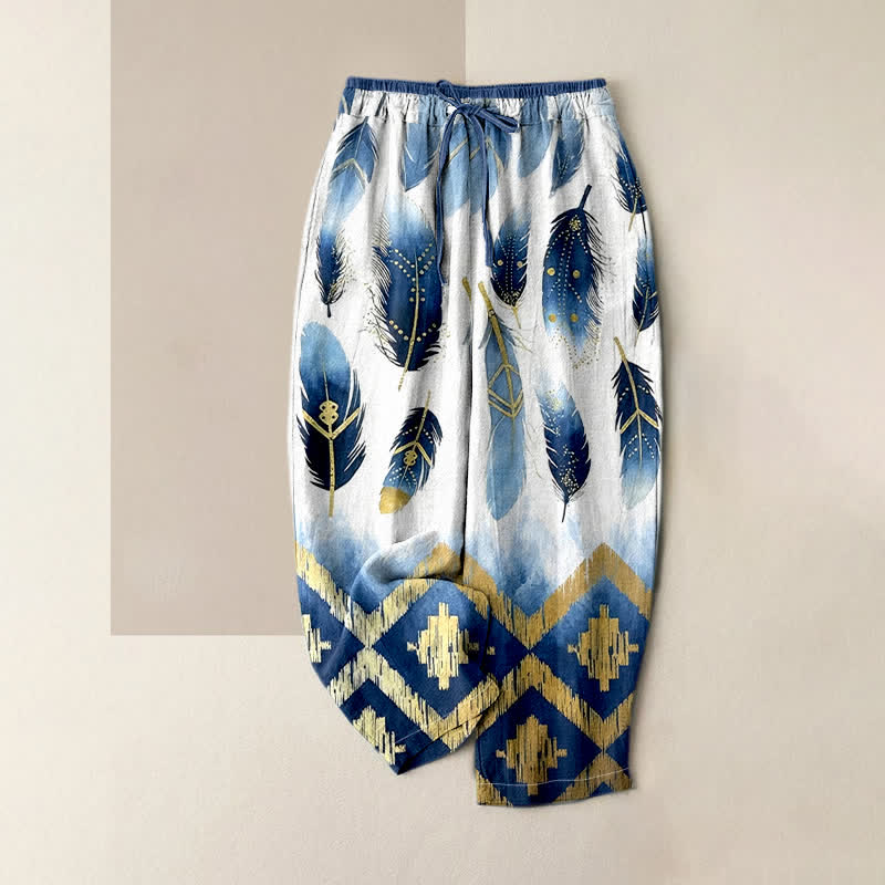 Nimara Ritual Pure Cotton Navy Feather And Gold Border Pattern Women's Elastic Waist Pants With Pockets