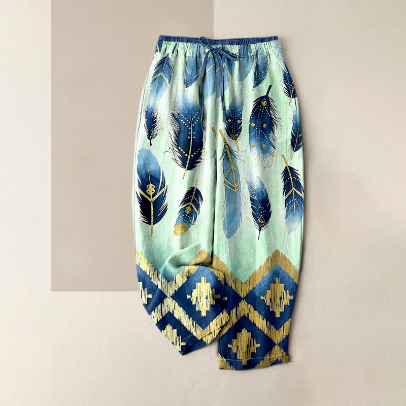 Nimara Ritual Pure Cotton Navy Feather And Gold Border Pattern Women's Elastic Waist Pants With Pockets