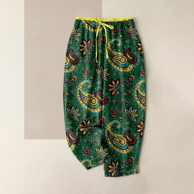 Nimara Ritual Pure Cotton Paisley Floral Pattern Women's Elastic Waist Harem Pants With Pockets