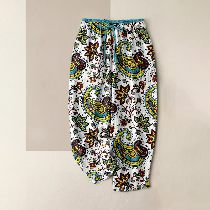 Nimara Ritual Pure Cotton Paisley Floral Pattern Women's Elastic Waist Harem Pants With Pockets