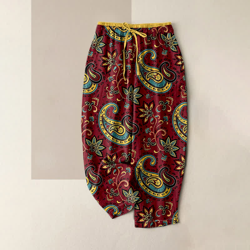 Nimara Ritual Pure Cotton Paisley Floral Pattern Women's Elastic Waist Harem Pants With Pockets
