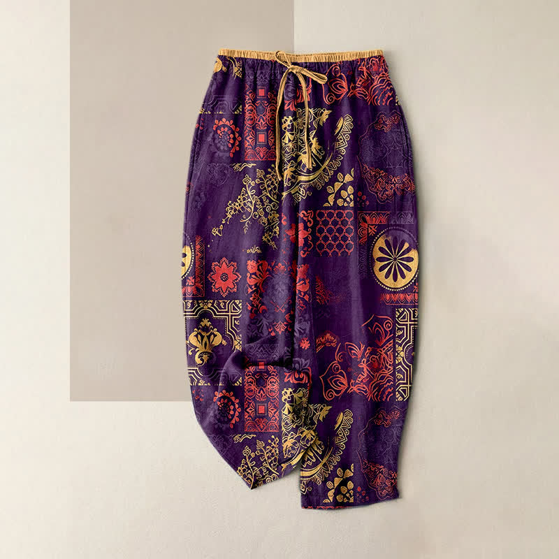 Nimara Ritual Cotton Floral Pattern Women's Elastic Waist Pants With Pockets
