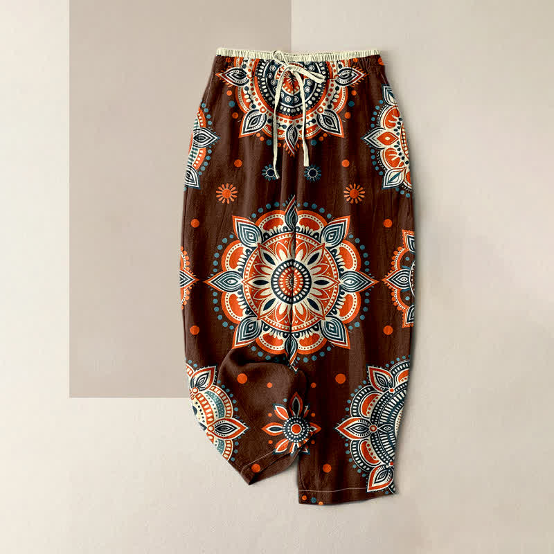 Nimara Ritual Pure Cotton Mandala Floral Pattern Women's Elastic Waist Pants With Pockets