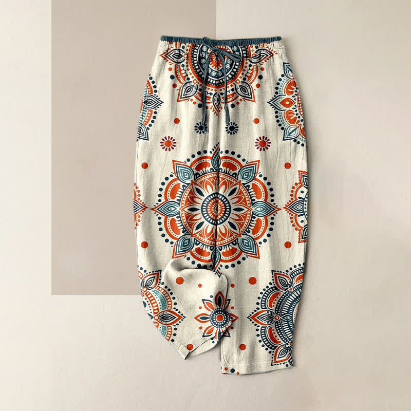 Nimara Ritual Pure Cotton Mandala Floral Pattern Women's Elastic Waist Pants With Pockets