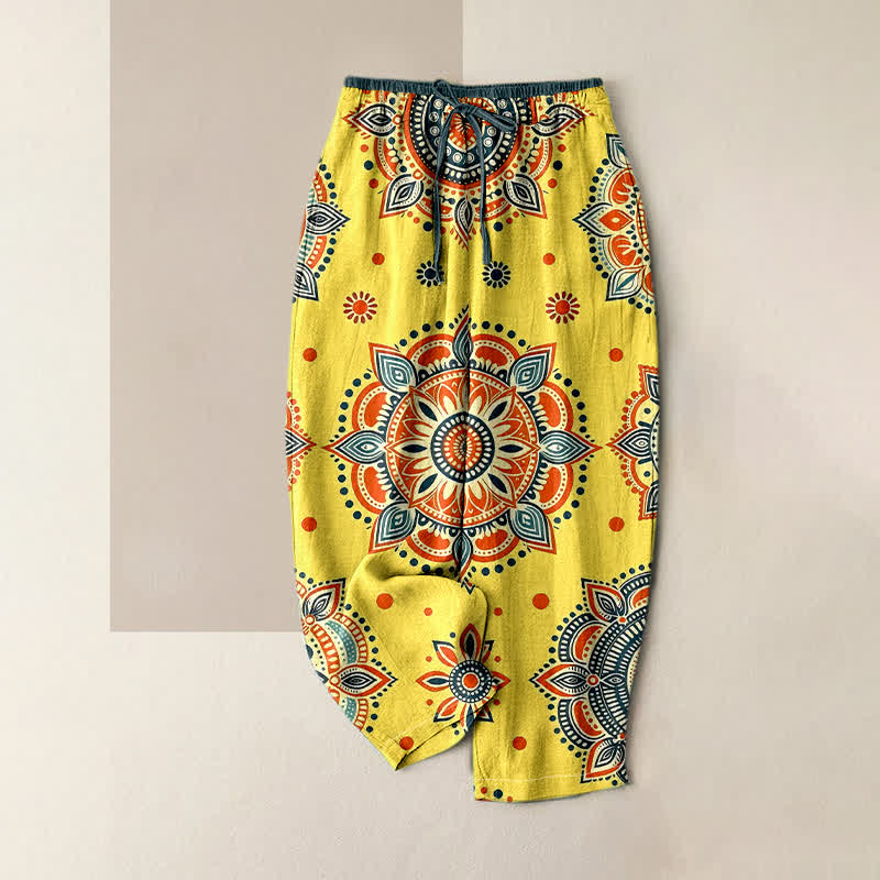 Nimara Ritual Pure Cotton Mandala Floral Pattern Women's Elastic Waist Pants With Pockets
