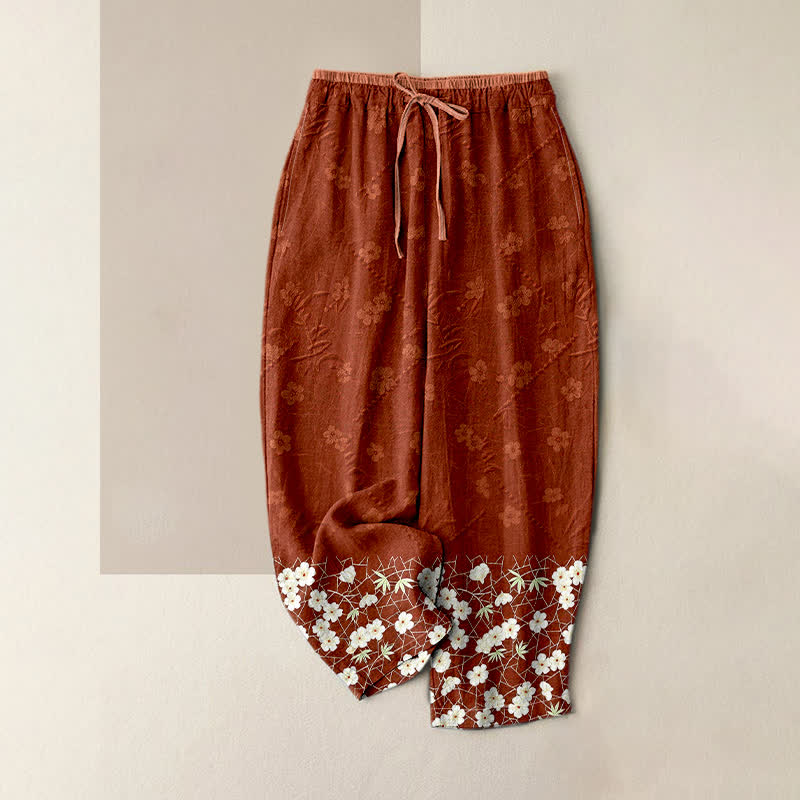 Nimara Ritual Pure Cotton Floral Pattern Women's Elastic Waist Pants With Pockets