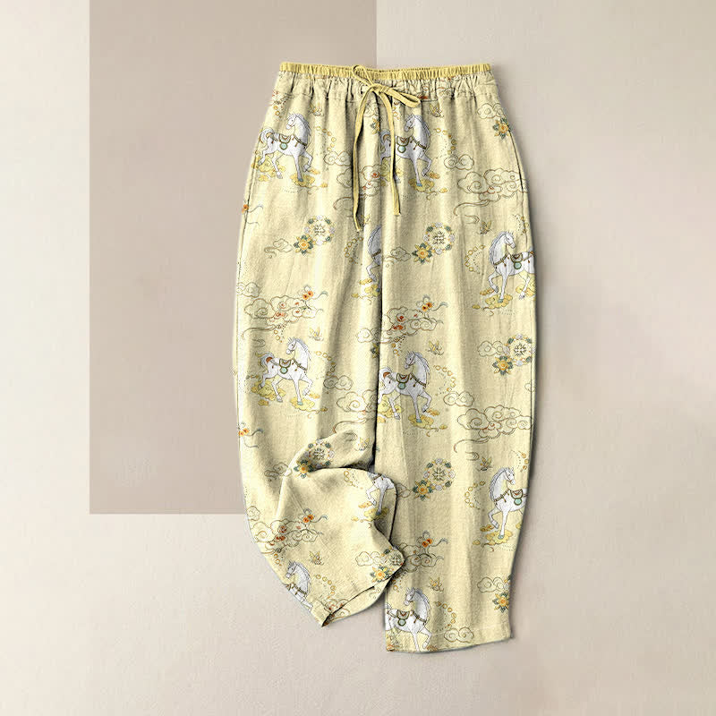 Nimara Ritual Pure Cotton Equestrian Cloud Floral Pattern Women's Elastic Waist Pants With Pockets