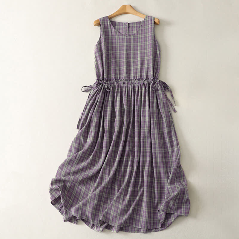 Nimara Ritual Summer Vintage Drawstring Waist Button-Up Plaid Cotton Women's Sleeveless Dress With Pockets