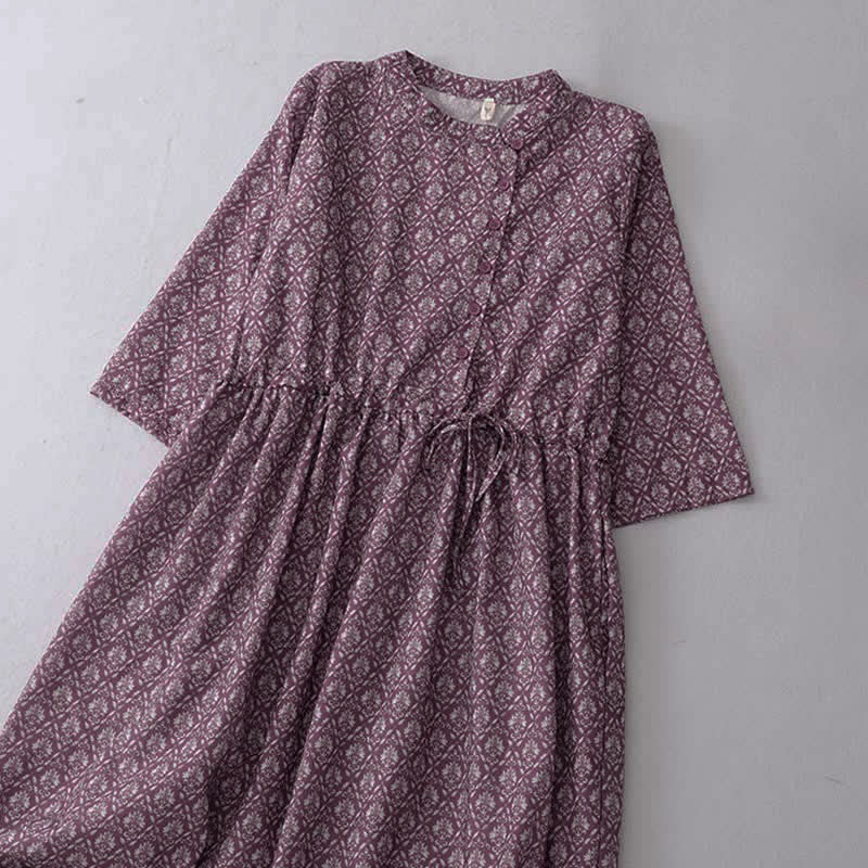Nimara Ritual Summer Drawstring Button-Up Floral Print Women's Short Sleeve Dress With Pockets