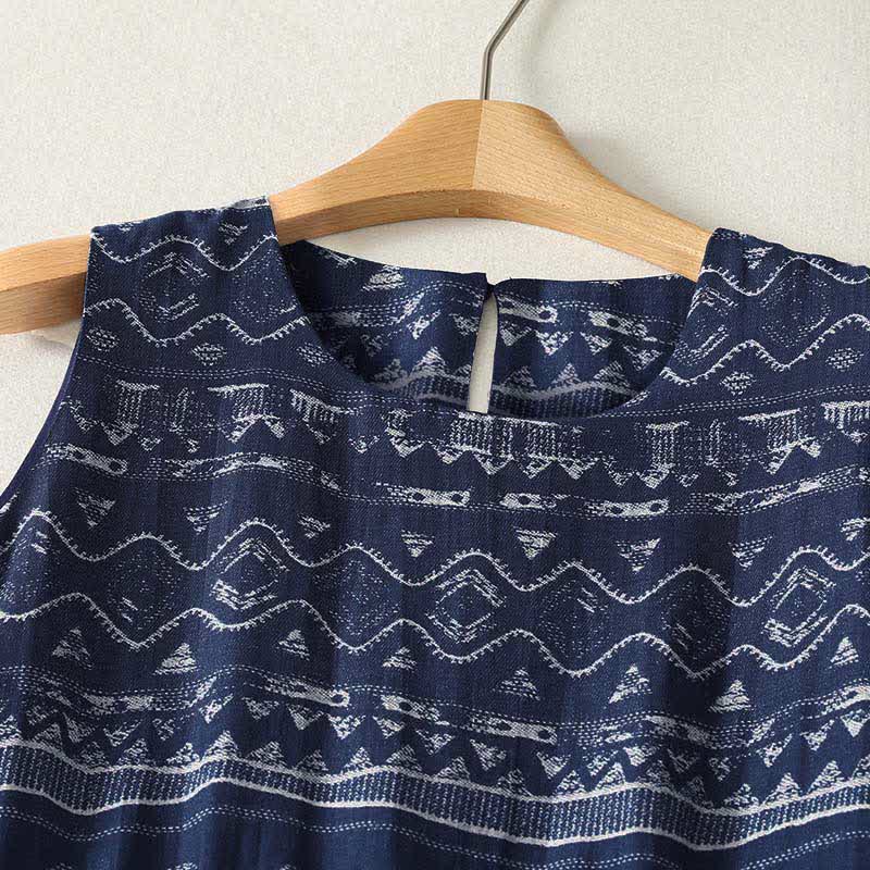 Nimara Ritual Summer Boho Drawstring Ethnic Print Women's Summer Sleeveless Dress With Pockets