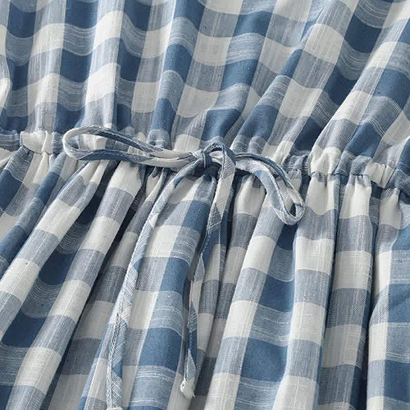 Nimara Ritual Summer Casual Drawstring Blue White Gingham Women's Summer Sleeveless Dress With Pockets