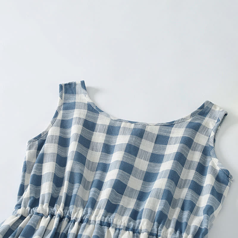 Nimara Ritual Summer Casual Drawstring Blue White Gingham Women's Summer Sleeveless Dress With Pockets