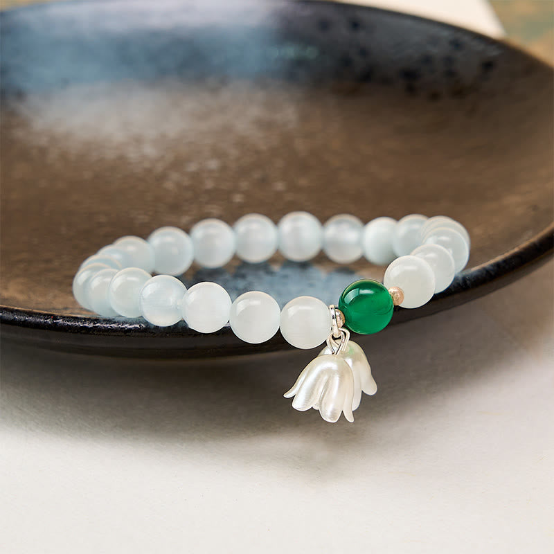 Nimara Ritual 8mm White Cat's Eye Round Beads Lily of the Valley Flowers Positive Bracelet