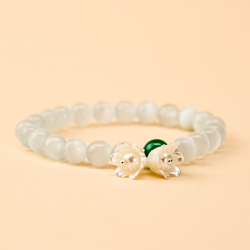 Nimara Ritual 8mm White Cat's Eye Round Beads Lily of the Valley Flowers Positive Bracelet
