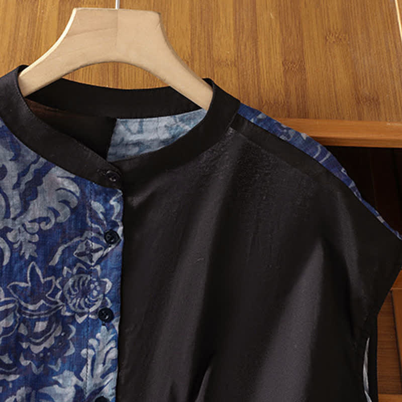 Nimara Ritual Summer Minimalist Mandarin Collar Asymmetric Floral Print Women's Sleeveless Shirts