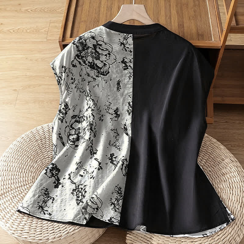 Nimara Ritual Summer Minimalist Mandarin Collar Asymmetric Floral Print Women's Sleeveless Shirts