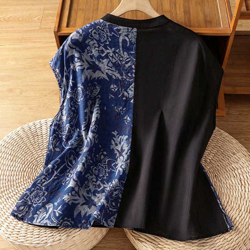 Nimara Ritual Summer Minimalist Mandarin Collar Asymmetric Floral Print Women's Sleeveless Shirts