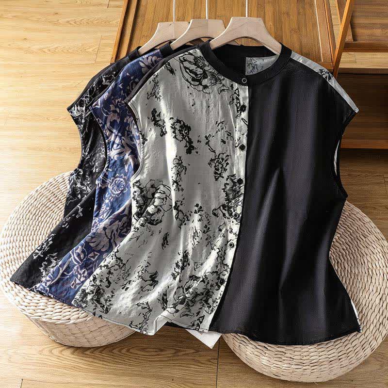 Nimara Ritual Summer Minimalist Mandarin Collar Asymmetric Floral Print Women's Sleeveless Shirts