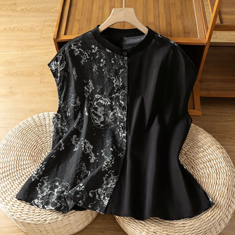 Nimara Ritual Summer Minimalist Mandarin Collar Asymmetric Floral Print Women's Sleeveless Shirts