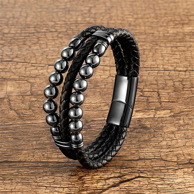 Nimara Ritual Tiger Eye Hematite Lava Rock Black Onyx Lazurite Lapis Lazuli Beads Protection Strength Leather Bracelet