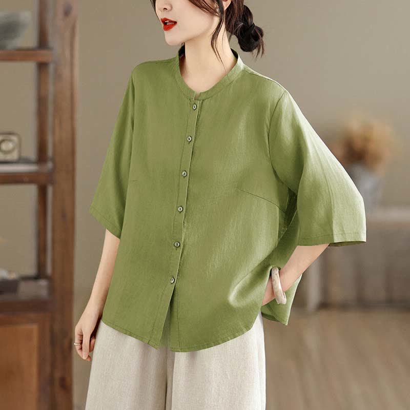Nimara Ritual Summer Minimalist Button-Up Mandarin Collar Side Slit Solid Women's Short Sleeve Shirts
